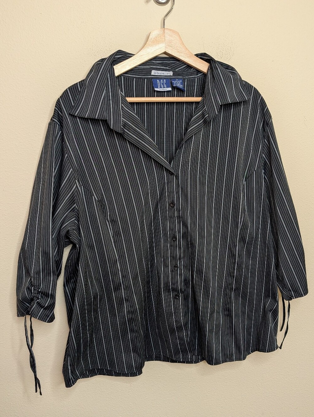 DCC Woman Black Pinstripe Button Down Blouse with Cinched Sleeve Detail 2X
